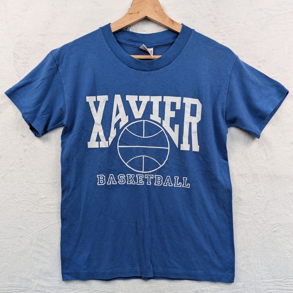 VTG Nike Xavier Basketball University T-Shirt Men's Small Blue 50/50 USA 80s